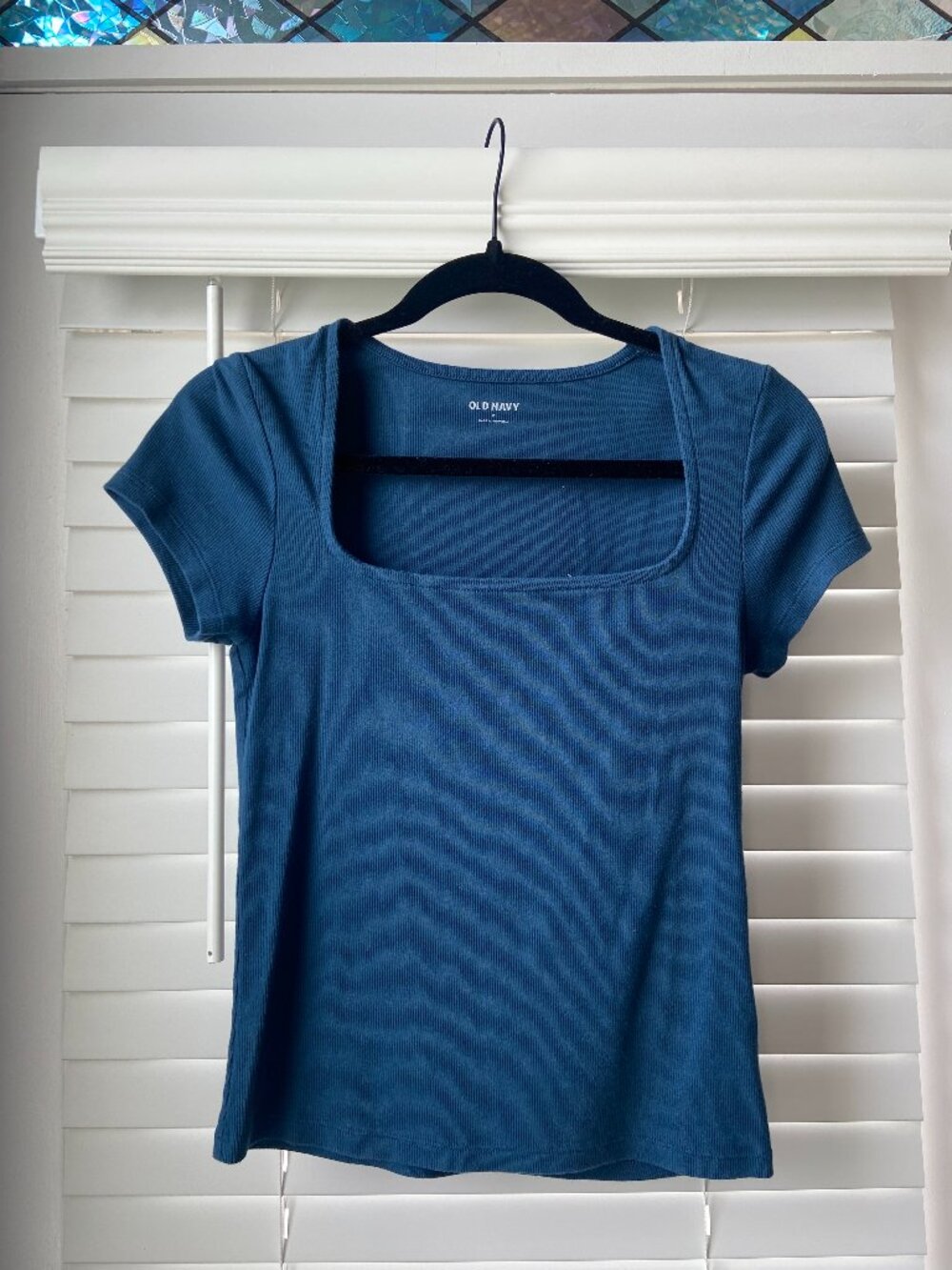 Blue Square Neck Fitted Ribbed T-shirt from Old Navy, Medium